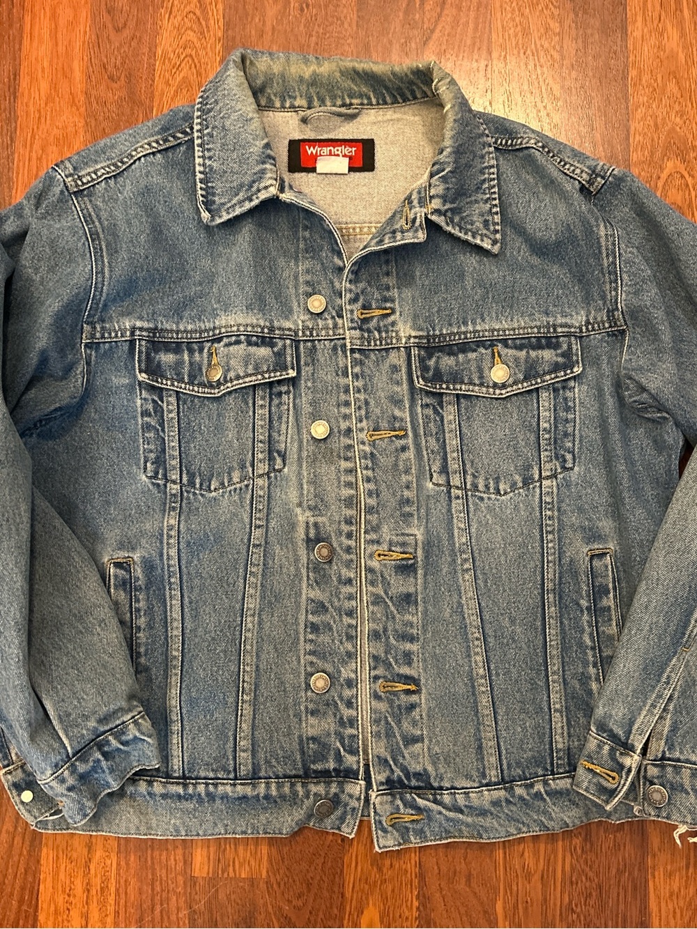 Vintage Wrangler Hero Denim Jean Trucker Biker Jacket Distressed Size Large